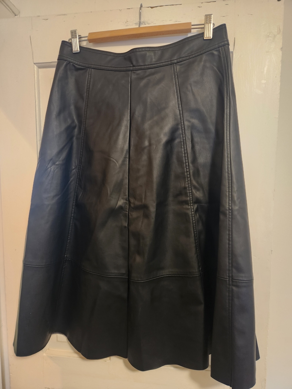 H&M Black Faux Leather A-Line Midi Skirt